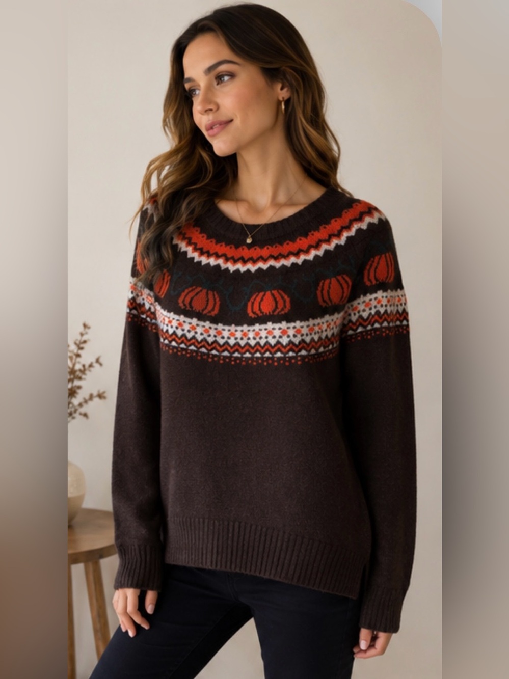 VINCE CAMUTO Halloween Sweater Pumpkin Fair Isle Raglan Sleeves, Brown & Orange - Picture 2 of 8